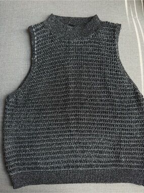 Sleeveless Metallic Knit silver and black Mock Neck Tank